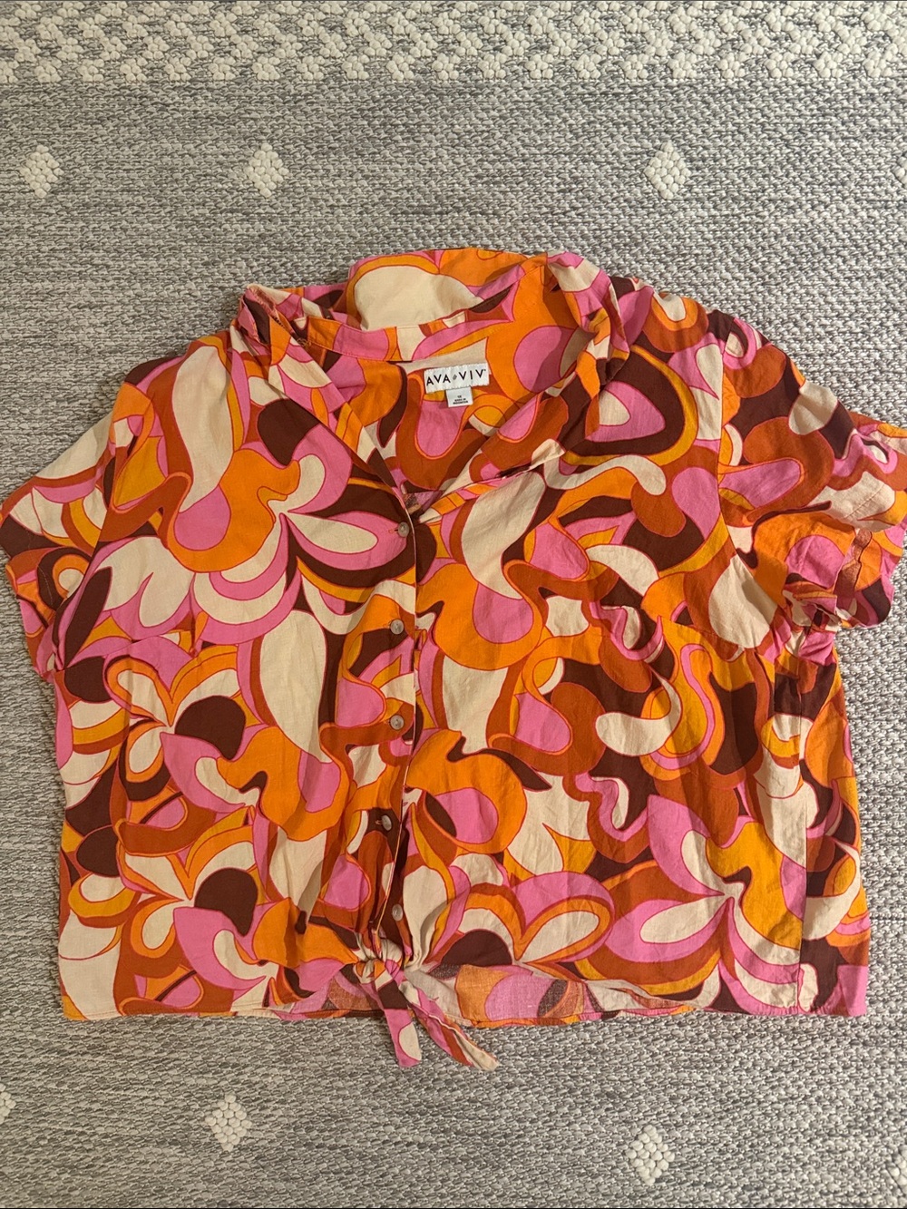 Ava & Viv Pink Orange Retro Tie-Front Button Down Top